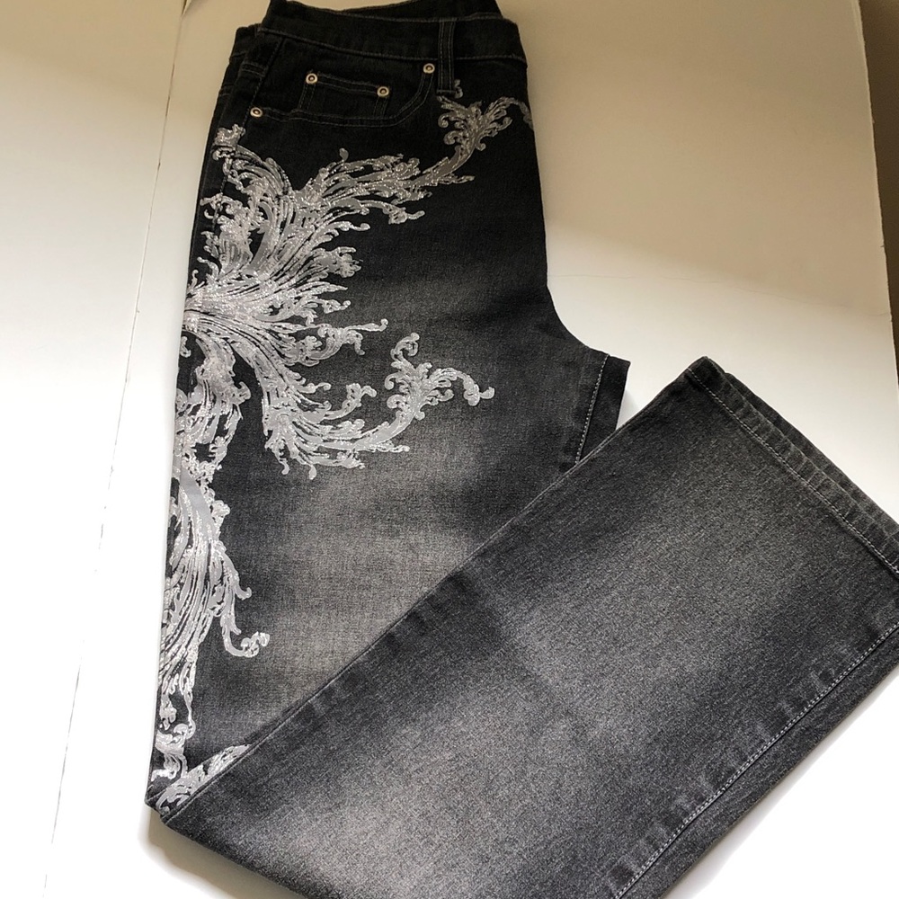 Vintage DG2 by Diane Gilman Dark Grey Bootcut Jeans |Glitter Paint Design NWOT